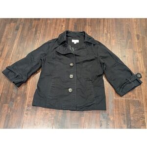Merona Black Short Trench Coat Womens XL Lined 3/4 Wide Sleeve 3 Button Front